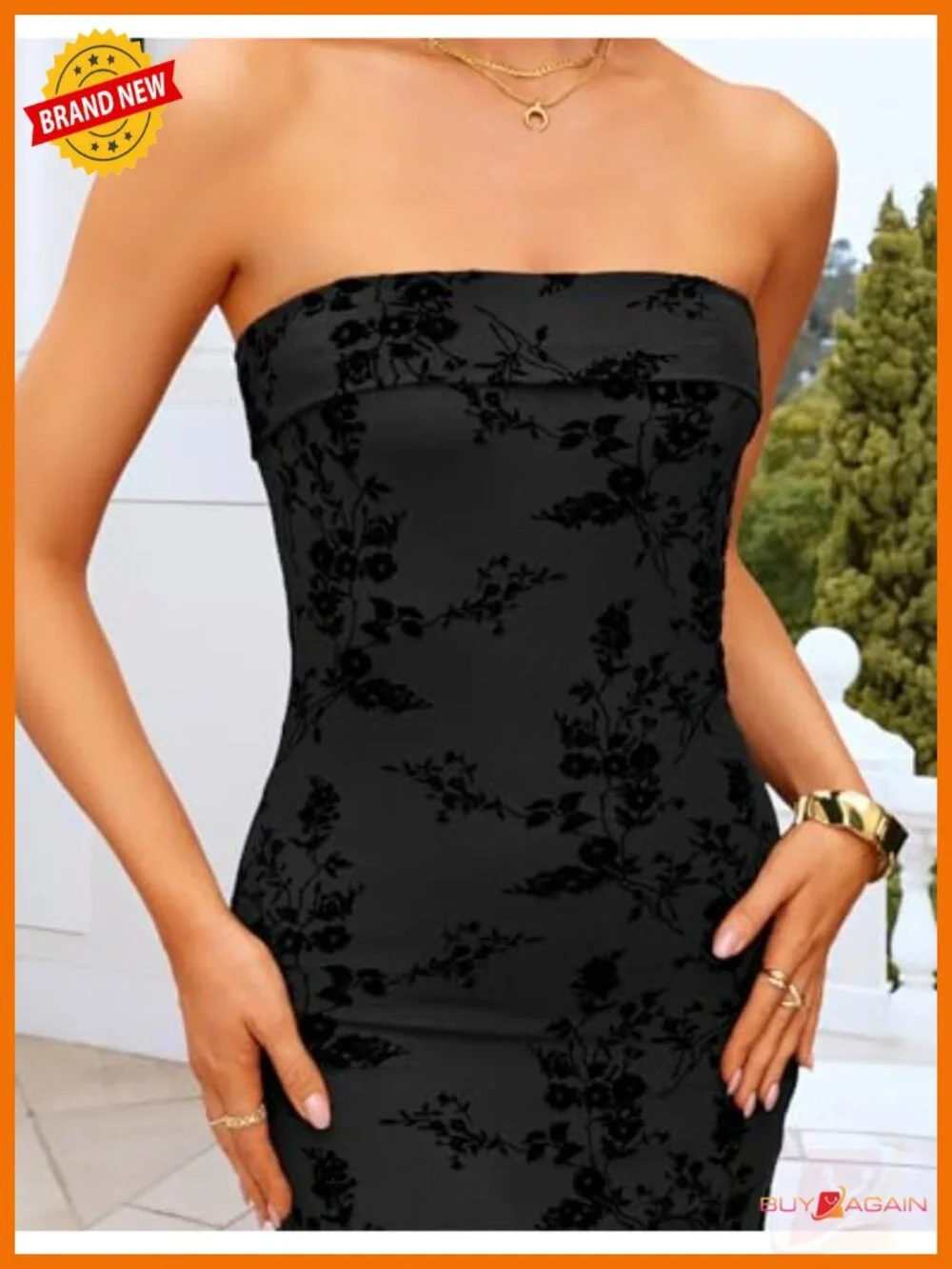 Strapless Floral Bodycon Maxi Dress Mesh Side Slit Cocktail Party